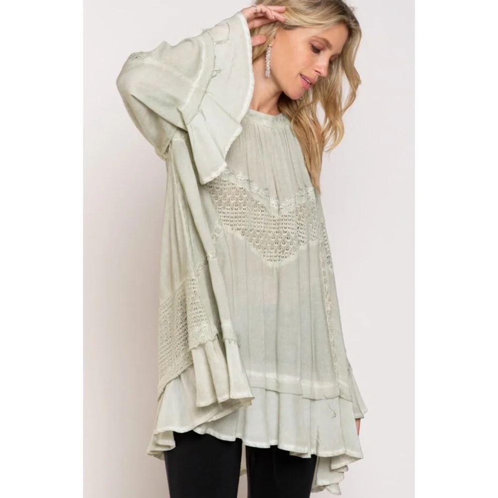 POL Sage Green Long Sleeve Lace Inset Ruffled Tunic Top - Picture 5 of 8